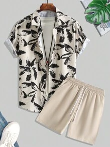 Genlund Men Random Print Shirt & Drawstring Waist Shorts - Khaki - View 3