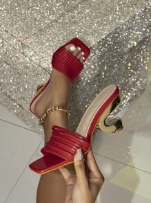 Spring/Summer Women Multi Strap Sculptural Heeled Sandals, Funky Neon Red Mule Sandals - Red - View 4