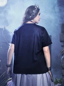 Corpse Bride | ROMWE 加大版數字字母圖案t恤 - 黑色 - 查看 2