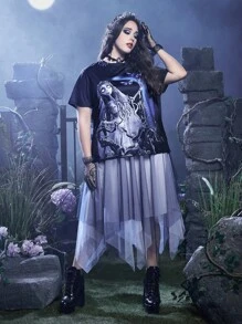 Corpse Bride | ROMWE 加大版數字字母圖案t恤 - 黑色 - 查看 4