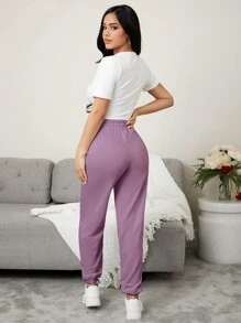 Conjunto de pantalón con cintura de cordón y camiseta con botones para vestir en temporada de vacaciones - Morado - Ver 2