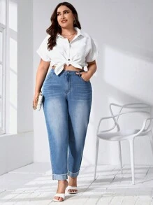 SHEIN Essnce Quần Denim kích thước lớn Nút Túi Dây kéo màu trơn - Rửa trung bình - Xem 2