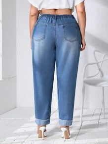 SHEIN Essnce Quần Denim kích thước lớn Nút Túi Dây kéo màu trơn - Rửa trung bình - Xem 3