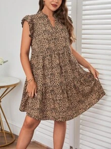 SHEIN VCAY Plus Allover Print Notched Neck Ruffle Hem Smock Dress - Multicolor - View 3