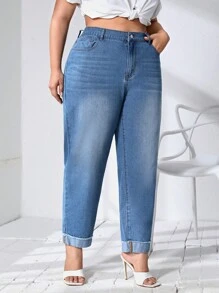 SHEIN Essnce Quần Denim kích thước lớn Nút Túi Dây kéo màu trơn - Rửa trung bình - Xem 1