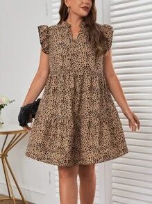 SHEIN VCAY Plus Allover Print Notched Neck Ruffle Hem Smock Dress - Multicolor - View 5