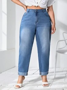 SHEIN Essnce Quần Denim kích thước lớn Nút Túi Dây kéo màu trơn - Rửa trung bình - Xem 4