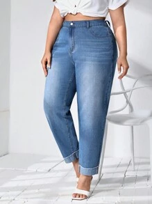 SHEIN Essnce Quần Denim kích thước lớn Nút Túi Dây kéo màu trơn - Rửa trung bình - Xem 5