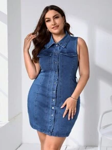 SHEIN Essnce Đầm Denim kích thước lớn Túi Nút phía trước màu trơn Giải trí - Rửa trung bình - Xem 1