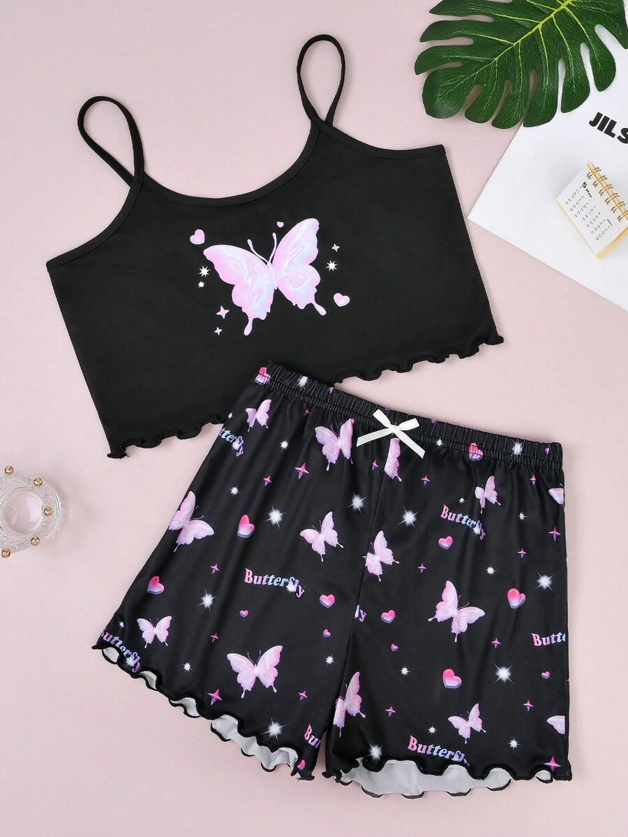 Girls' (big) Butterfly Pattern Printed Homewear Set - Black - View 1