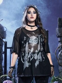 Corpse Bride | ROMWE Plus Figure Graphic Mesh Top Without Bra - Black - View 1