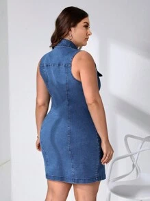 SHEIN Essnce Đầm Denim kích thước lớn Túi Nút phía trước màu trơn Giải trí - Rửa trung bình - Xem 2