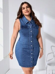 SHEIN Essnce Đầm Denim kích thước lớn Túi Nút phía trước màu trơn Giải trí - Rửa trung bình - Xem 3