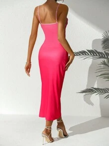 SHEIN Privé Draped Collar Ruched Split Thigh Cami Dress - Pink - View 2