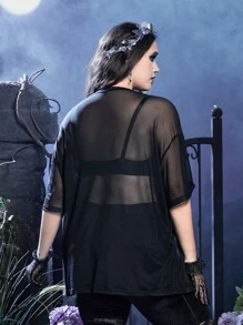 Corpse Bride | ROMWE Plus Figure Graphic Mesh Top Without Bra - Black - View 2
