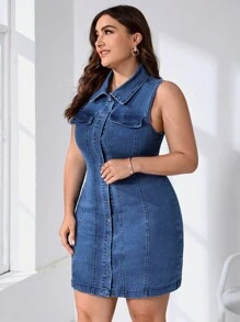 SHEIN Essnce Đầm Denim kích thước lớn Túi Nút phía trước màu trơn Giải trí - Rửa trung bình - Xem 6