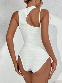 SHEIN Essnce Áo liền quần ôm nữ Bất đối xứng Cắt ra màu trơn Giải trí - trắng - Xem 2