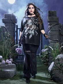 Corpse Bride | ROMWE Plus Figure Graphic Mesh Top Without Bra - Black - View 5