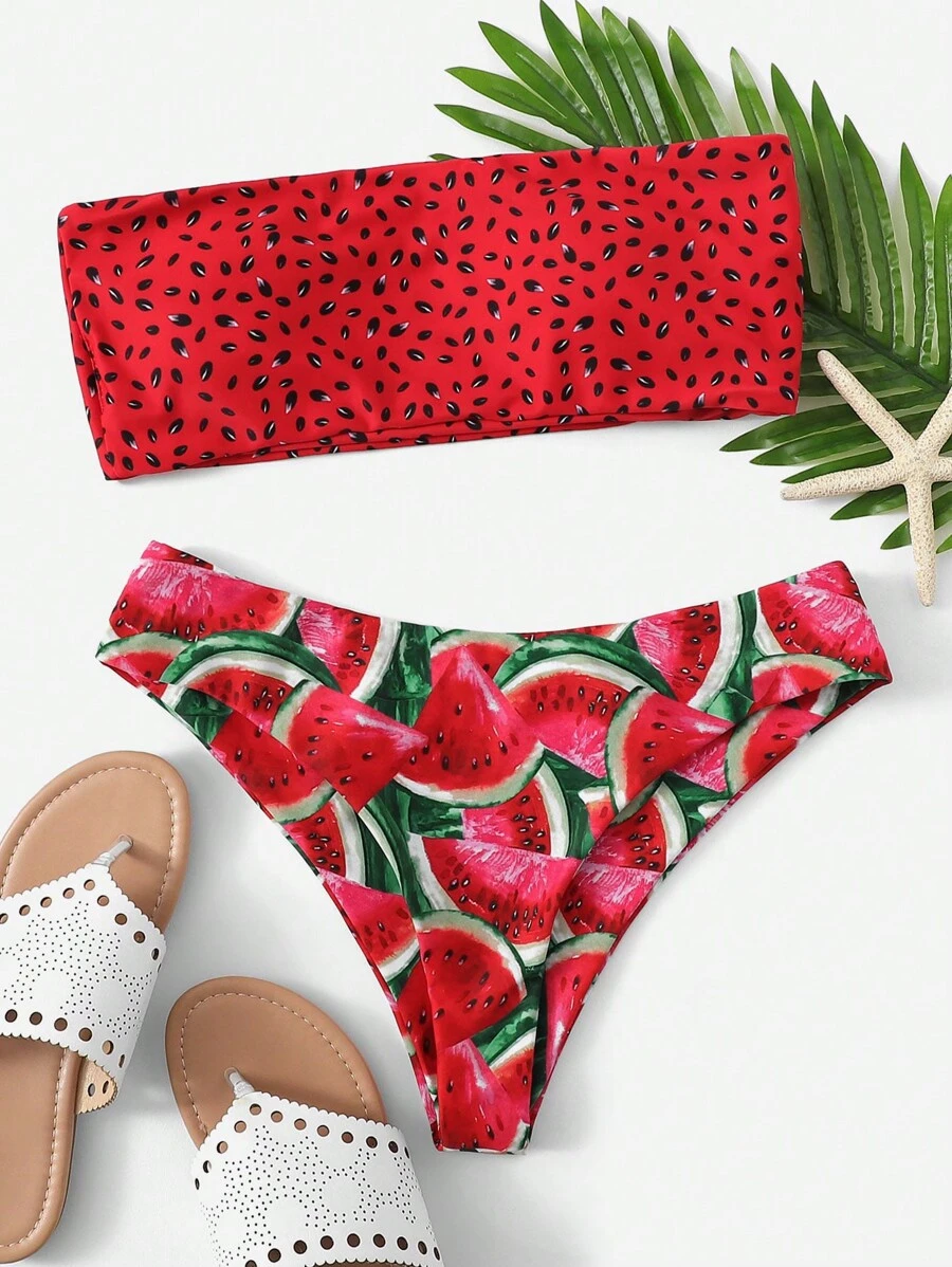 Swim Mod Summer Beach Watermelon Print Bandeau Bikini Set - Multicolor - View 1