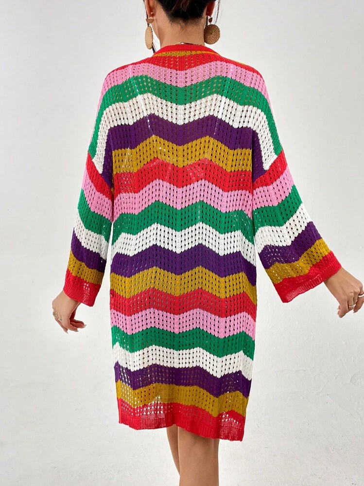 SHEIN VCAY Cárdigan de color combinado con cordón delantero de hombros caídos de punto de malla - Multicolor - Añade 2