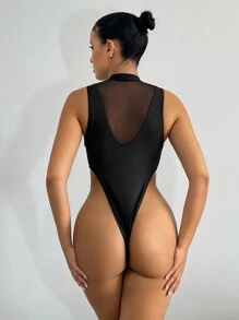 SHEIN ICON Black Mesh Insert High Cut Tank Bodysuit - Black - View 4
