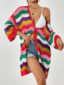 SHEIN VCAY 撞色前繫帶落肩袖網眼針織開襟衫 - 彩色 - 查看 3