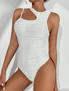 SHEIN Essnce Áo liền quần ôm nữ Bất đối xứng Cắt ra màu trơn Giải trí - trắng - Xem 5