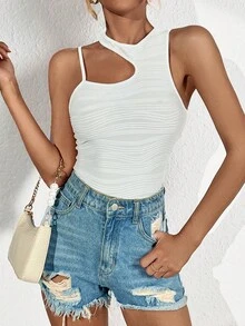 SHEIN Essnce Áo liền quần ôm nữ Bất đối xứng Cắt ra màu trơn Giải trí - trắng - Xem 6