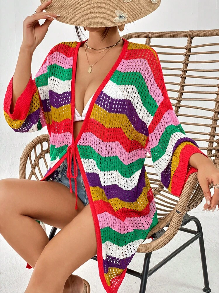 SHEIN VCAY Cárdigan de color combinado con cordón delantero de hombros caídos de punto de malla - Multicolor - Añade 5