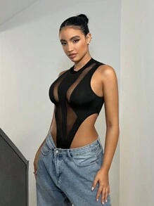 SHEIN ICON Black Mesh Insert High Cut Tank Bodysuit - Black - View 3