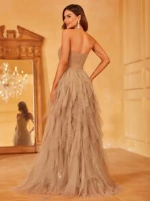 优雅惊艳露肩缺口领口礼服，多层薄纱和超高开衩 - 拼接网眼面料晚礼服，适合庆典、婚礼和夏季派对（季节性）、婚纱、新娘