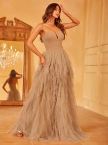 优雅惊艳露肩缺口领口礼服，多层薄纱和超高开衩 - 拼接网眼面料晚礼服，适合庆典、婚礼和夏季派对（季节性）、婚纱、新娘