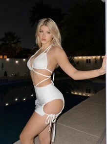 Sweetina 鏤空側抽繩後背繫帶吊脖緊身洋裝 - 白色 - 查看 5