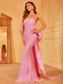 亮片拼接魚尾裙下擺抹胸正式連衣裙帶大蝴蝶結 - 粉色 - 查看 1