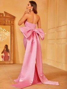 亮片拼接魚尾裙下擺抹胸正式連衣裙帶大蝴蝶結 - 粉色 - 查看 2