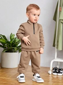 SHEIN 男嬰嬰兒運動休閒立領拼布寬鬆運動衫和鬆緊腰長褲套裝 - 駝色 - 查看 5