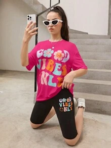 SHEIN Teen Girls Slogan Graphic Drop Shoulder Tee & Biker Shorts