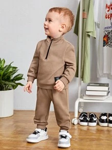 SHEIN 男嬰嬰兒運動休閒立領拼布寬鬆運動衫和鬆緊腰長褲套裝 - 駝色 - 查看 4