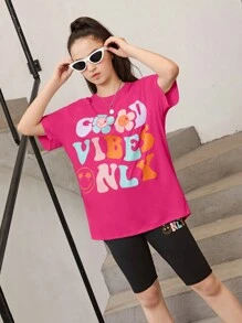 SHEIN Teen Girls Slogan Graphic Drop Shoulder Tee & Biker Shorts