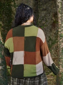 ROMWE Hippie 大碼撞色落肩袖套頭毛衣 - 彩色 - 查看 2