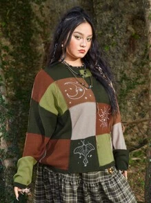 ROMWE Hippie 大碼撞色落肩袖套頭毛衣 - 彩色 - 查看 3