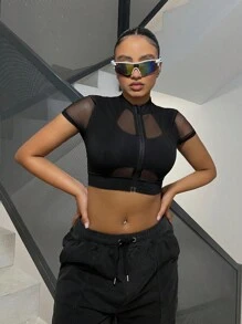 SHEIN ICON Contrast Mesh Zip Up Crop Tee - Black - View 5