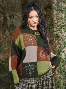 ROMWE Hippie 大碼撞色落肩袖套頭毛衣 - 彩色 - 查看 5