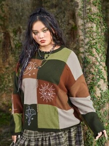 ROMWE Hippie 大碼撞色落肩袖套頭毛衣 - 彩色 - 查看 6