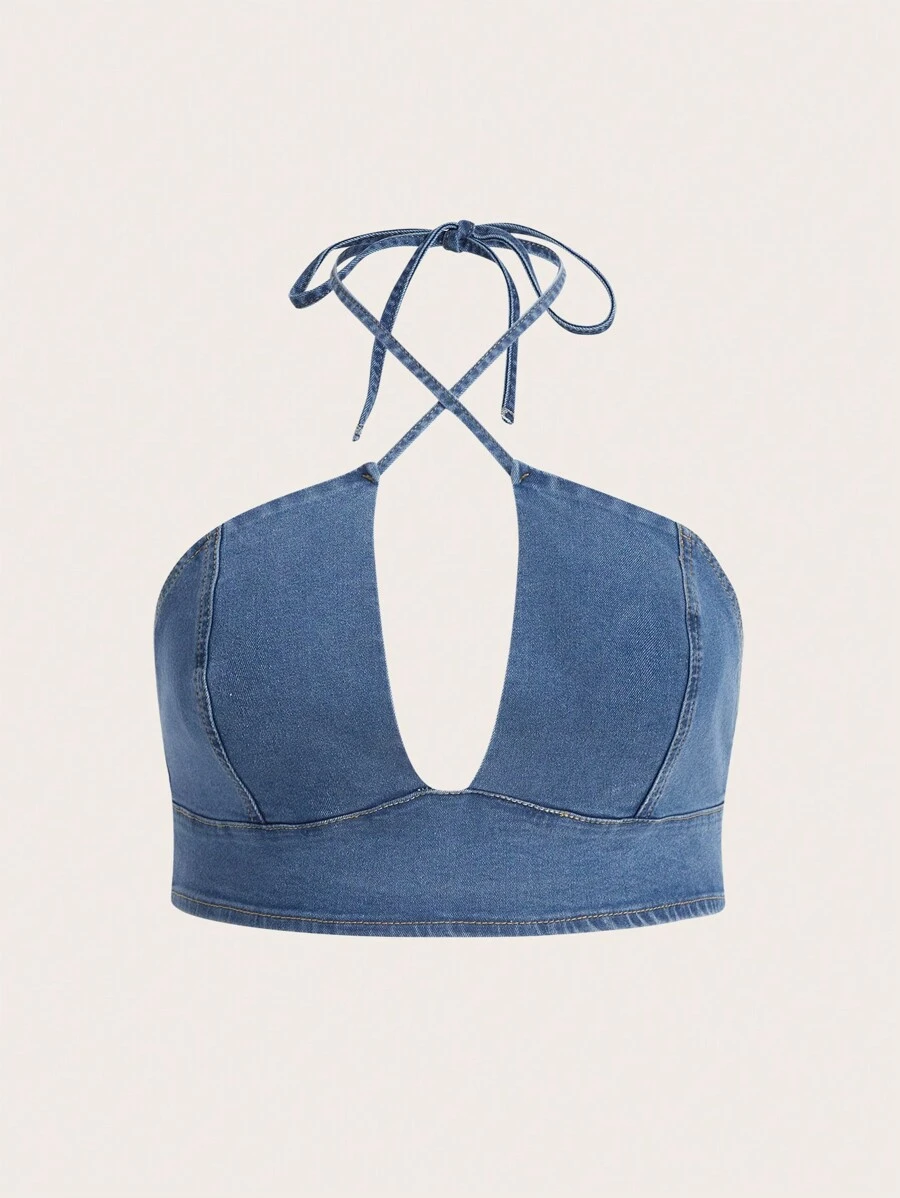 SHEIN ICON Plus Tie Backless Crop Denim Halter Top - Medium Wash - View 1