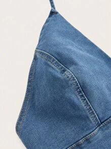 SHEIN ICON Plus Tie Backless Crop Denim Halter Top - Medium Wash - View 3