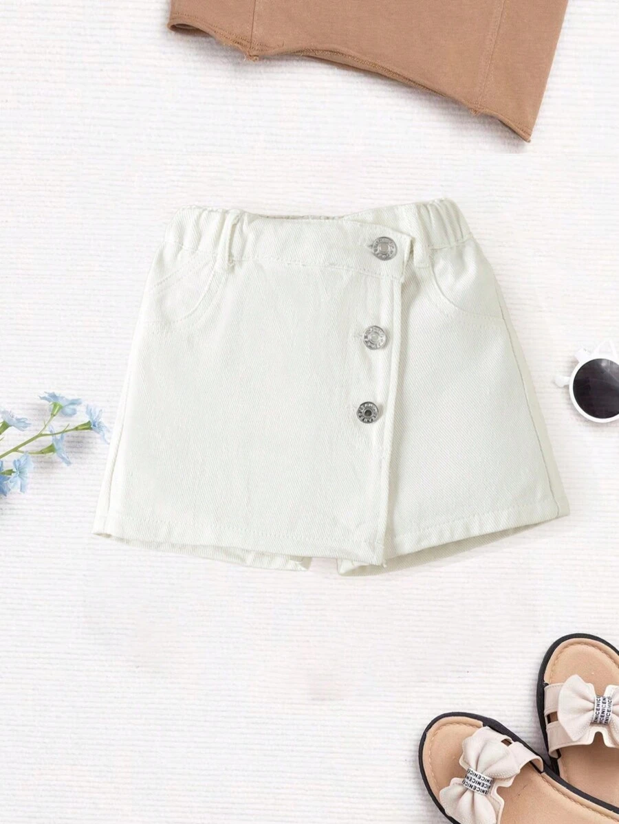 嬰兒前紐扣不對稱下擺牛仔裙褲 - 白色 - 查看 1