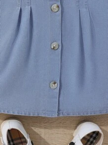 SHEIN Vintaside Kids 女嬰櫻桃刺繡彼得潘領泡泡袖褶皺細節牛仔裙 - 中等水洗藍 - 查看 4