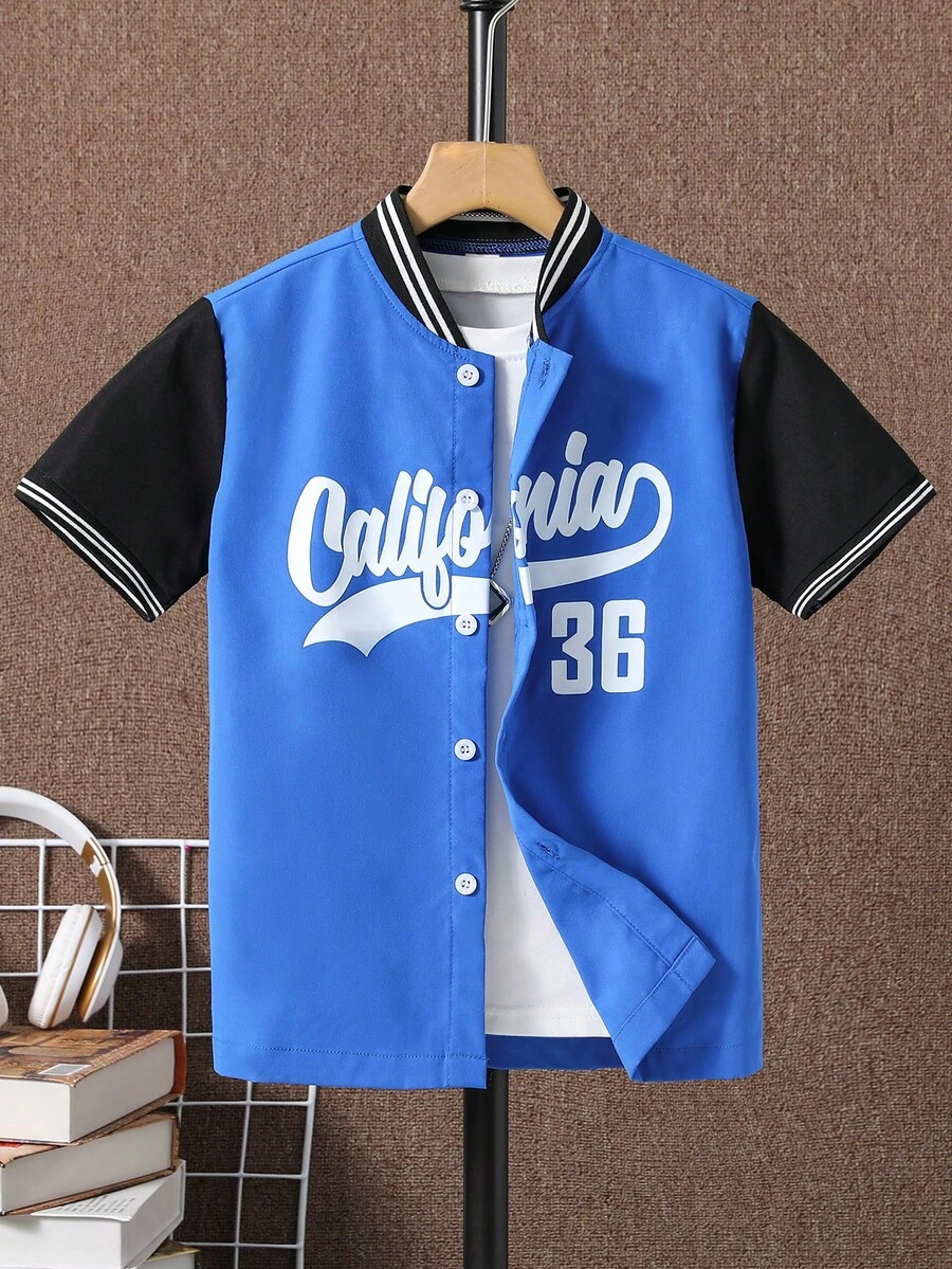 SHEIN Áo sơ mi Trai Nút phía trước Khối Màu Lá thư Giải trí - Màu xanh lam - Xem 1