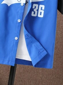 SHEIN Áo sơ mi Trai Nút phía trước Khối Màu Lá thư Giải trí - Màu xanh lam - Xem 3